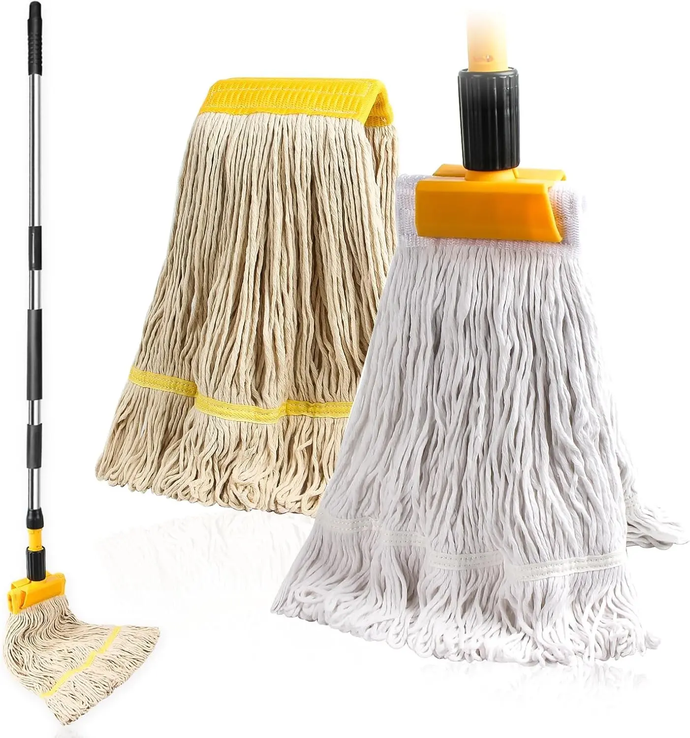 Commercial Mop Heavy Duty Industrial Mop with 2 Extra20oz Large Replacement Heads,60" Long Handle Heavy Duty Industrial Mops for Hardwood Wood Tile Vinyl - Reusable Cotton Head for Floor Cleaning