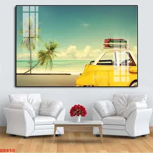 “Sunlit Escape: A Vintage Yellow Road Trip Car Parked by a Serene Tropical Beach with Swaying Palm Trees, Ocean Breeze, and Endless Summer Dreams Reflected Through a Window of Tranquility”