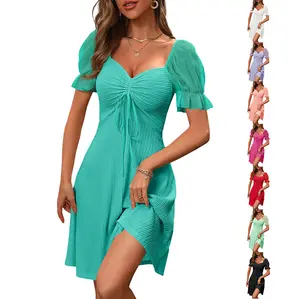 Fessceruna Womens Summer Short Puff Sleeve Mini Dresses Drawstring Sweetheart Neck Casual Slim Flowy Dress Sundress