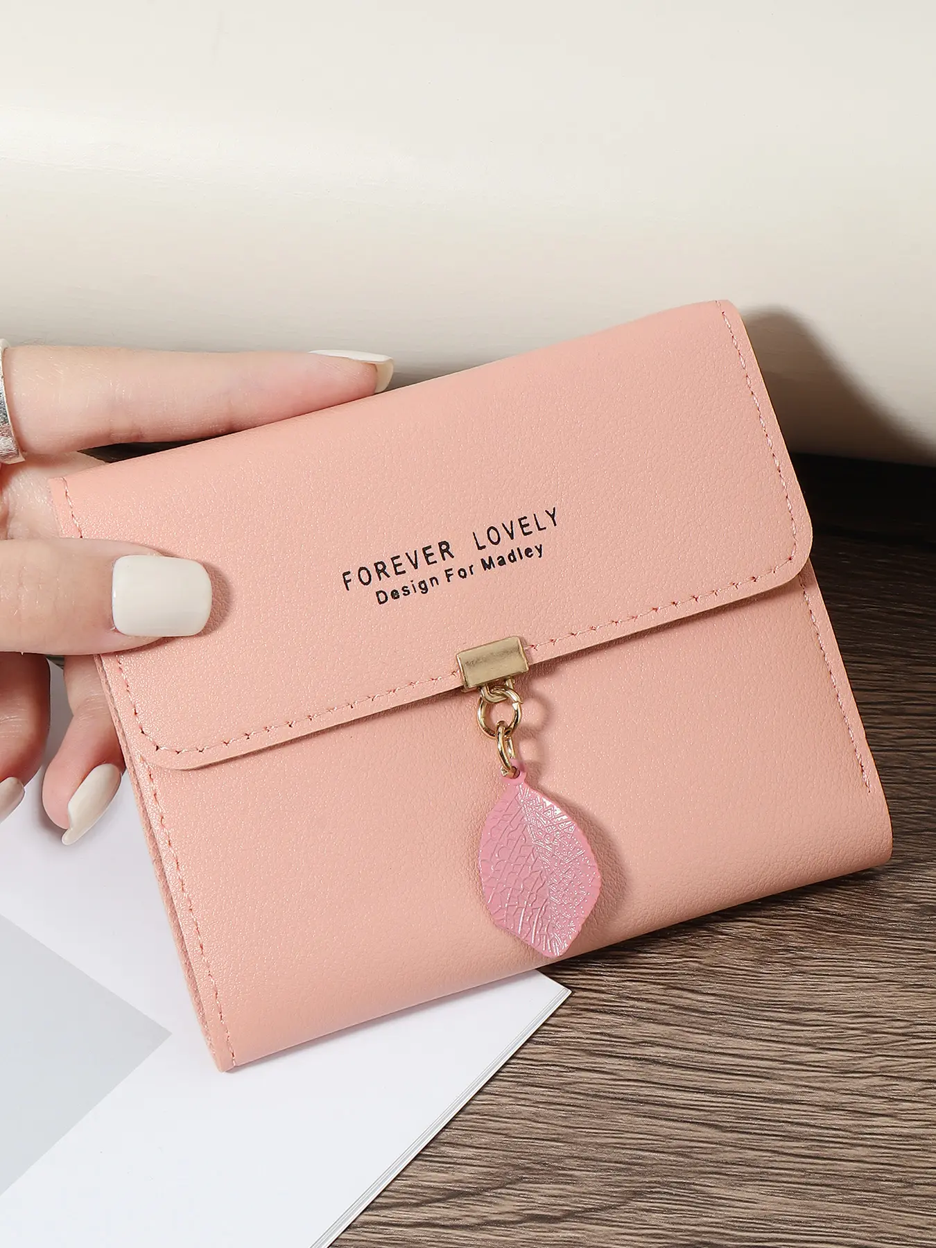 Elegant and fashionable women's short wallet, leaf pendant decorated multi card slot wallet, simple short wallet, portable three fold snap button wallet, suitable for outdoor and travel, Wallet And Charm, Pu Leather Wallet