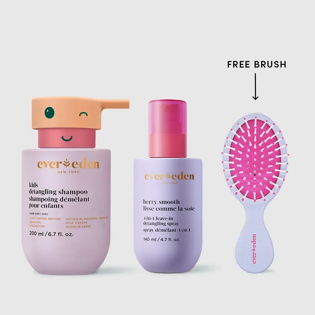 Evereden Kids Smooth & Shine Duo - Smooth, Manageable Hair with Safe Ingredients - Shampoo & Detangling Spray Bundle - Free Hair Brush + Stickers