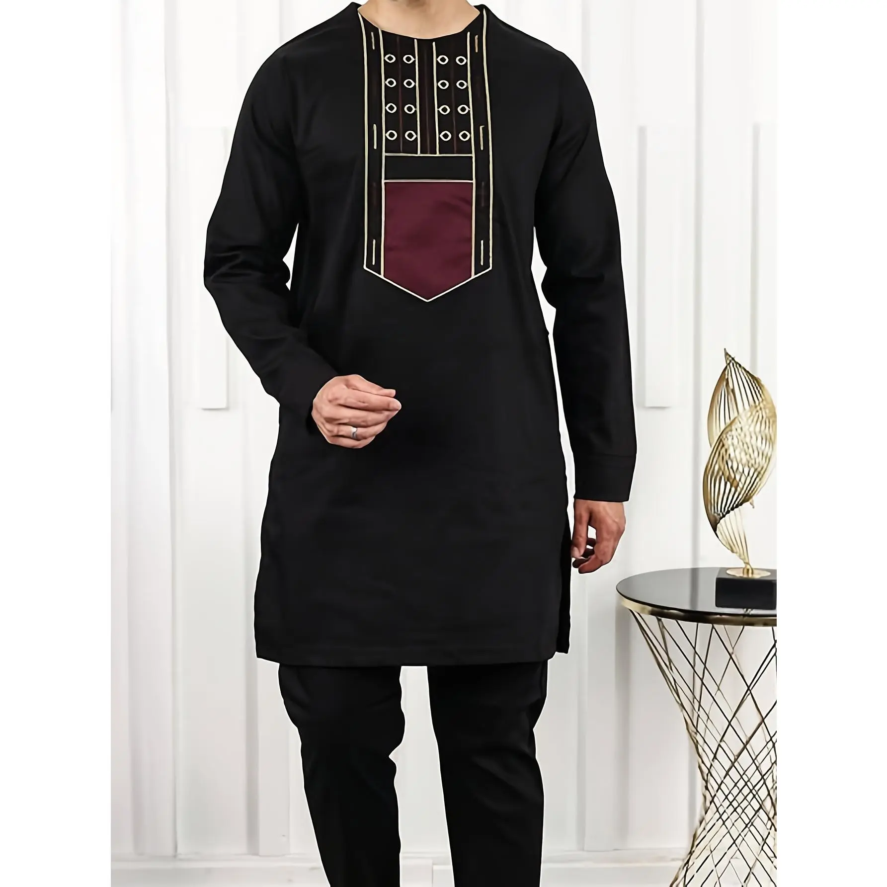 [African Dashiki Suit] 2pcs Men's African Dashiki Suit| Long Sleeve Embroidery Top & Pants Set, Patchwork, Button-Up, Round Neck, Split Hem, Casual Streetwear, Party Outfit, All Seasons