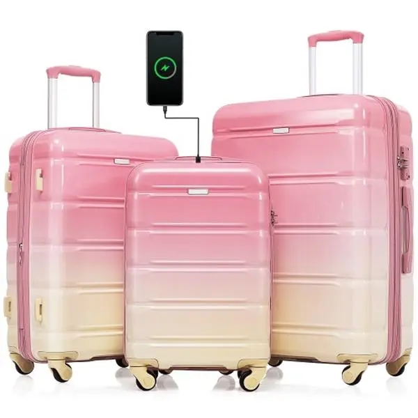 3-Piece Textured Hardside Luggage Set, Lightweight ABS+PC with Spinner Wheels & Anti-Theft TSA Lock, 20" Carry-On with USB Port, 24" & 28", Luggage Sets