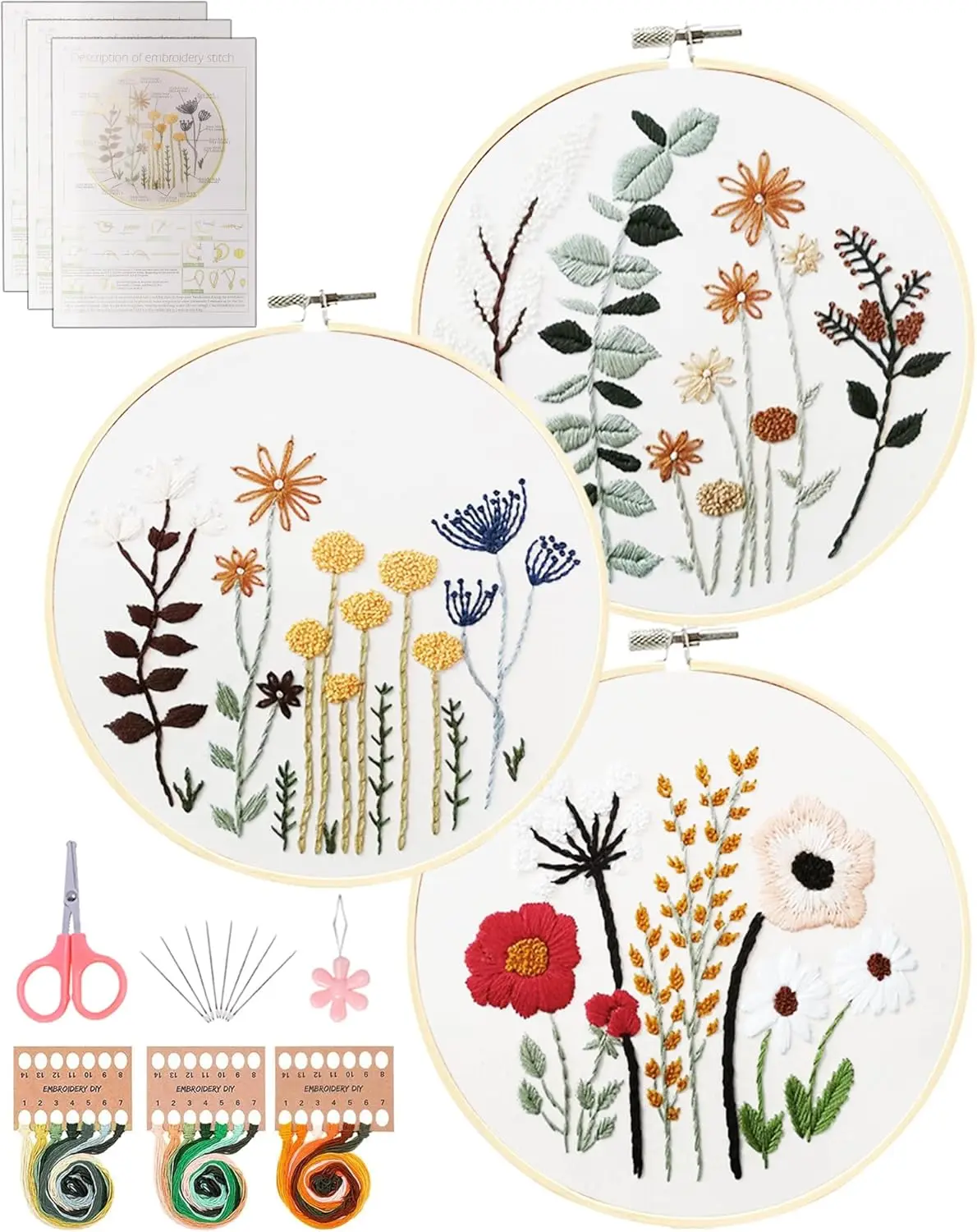 3 Sets Embroidery Kit, Stitch Kits for Beginners,Needlepoint Kits for Adults with Easy Floral  Hand Crafts,Hoop,,Mothers Day Gifts