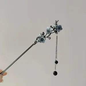 Classic Hair Stick Chopsticks Ink Color Flower Metal Fringe Hairpin For Women Pearl Black Beads Cheongsam Hair Bun Jewelry Gifts