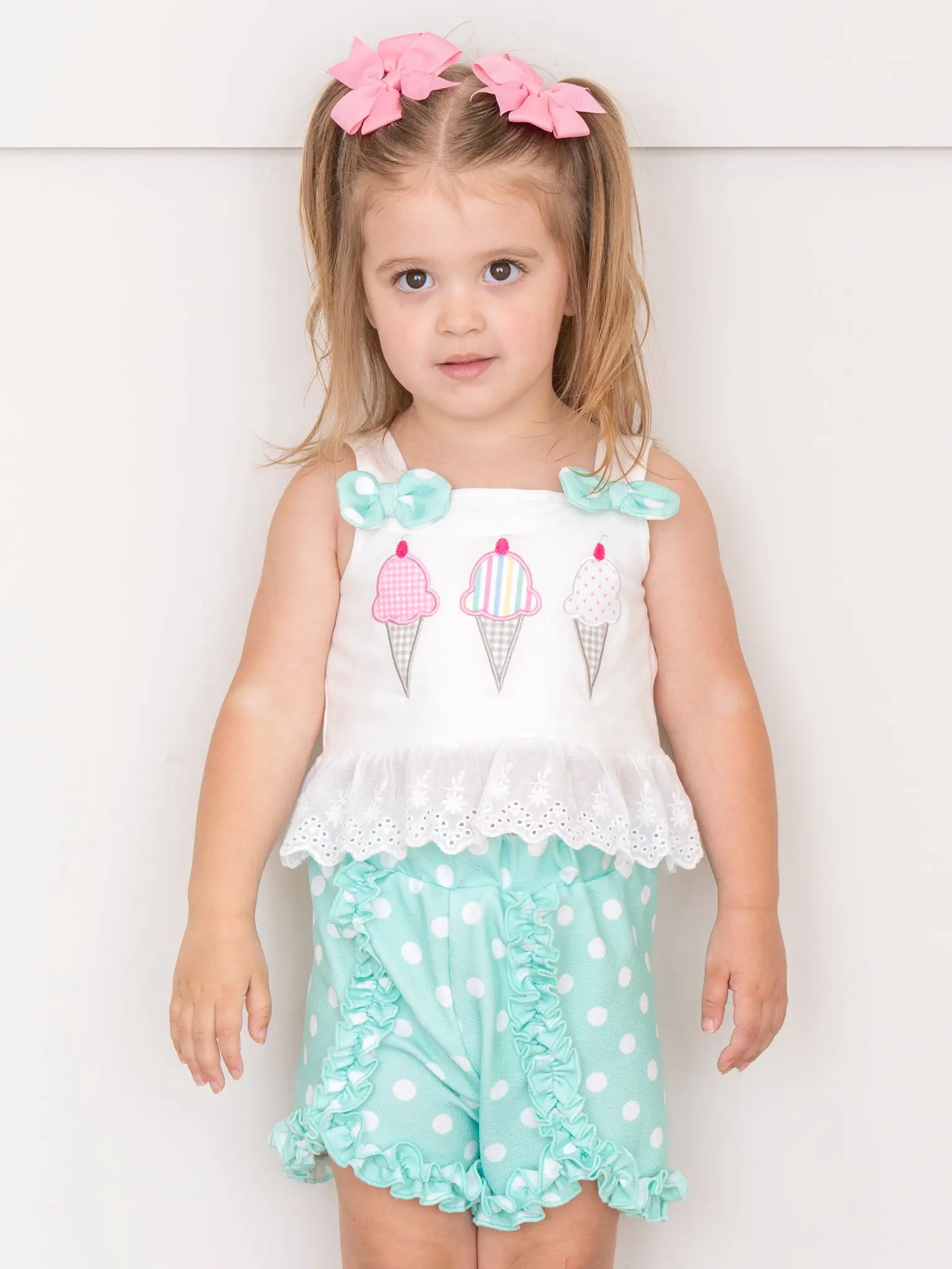 Polka Dot Embroidered Ice Cream Ruffle Outfit