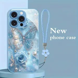 Butterfly Rose Synthetic Gemstone TPU Smartphone Case - Metal-Painted Design, Blue Metallic Lacquered Glass, Waterproof Cellphone Accessory for 41 Models Including iPhone 17 Pro Max, 11, 11 Pro - Ideal Holiday Gift for Family (Handheld Compatible), Access