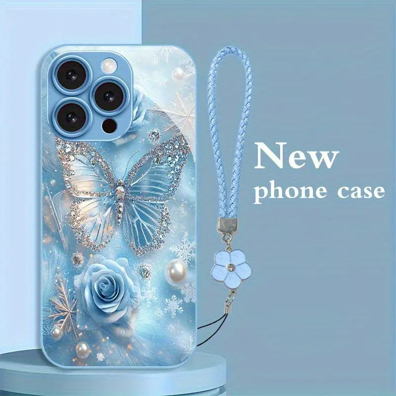 Hyperrealism Glam Butterflies Design Synthetic Gemstone TPU Flexible Shell Durable Cellphone Case - Metal-Painted Look, Blue Metallic Lacquered Glass, Waterproof, Handheld-Compatible for 41 Models (iPhone 17 Pro Max,11,11 Pro) - Ideal Holiday Gift, Casing