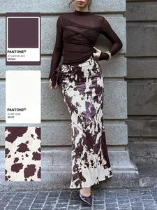 Women's High Waist Maxi Skirt Cow Print Long Slip Skirt Slim Fit Straight Hem Brown White Animal Print Trendy Streetwear Y2K Fashion Casual Elegant Party Outfit Flowy Comfortable Satin Look Skirt Chic Going Out Bottoms High Waist Skirts