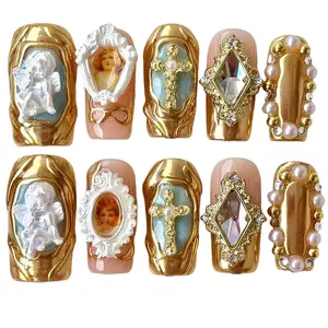 Handmade Press On Nails Luxury Baroque Gold Cross, Cherubs & Pearl Frames | Medium/Short Square | Reusable Thick Acrylic False Nails (Baroque, M)