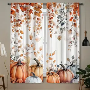 2 Pieces, Rustic Fall Pumpkin and Eucalyptus Leaf Watercolor Printed Curtains - Easy to Install, Durable Polyester, Bar Bag Design for Bedroom, Kitchen, Living Room, Study - Beautiful Fall Decor for Thanksgiving Holiday Decor, Home Decoration Curtain