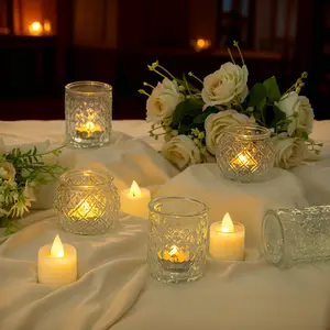 A 24-Piece Set of Transparent/ Blue/ Amber/ Green Glass Candle Holders, include: 12 Round Cups and 12 Textured Cups, Suitable for Weddings, Parties, and Home Decoration