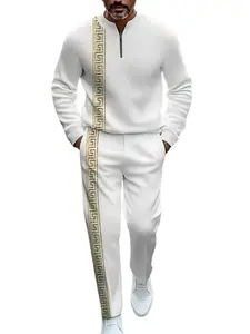 2025 Fashion New Style Luxurious Men's Sportswear Set Greek Herphane Pattern Half-Open Neck Anti-Wrinkle Platinum Sportswear for Nightclubs and Fashion Events