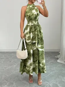 Spring Summer Tie Dye Halter Neck Waist Cinch Long Dress, Women's Sleeveless Shoulder Reveal Elegant Vacation Dress, One Piece