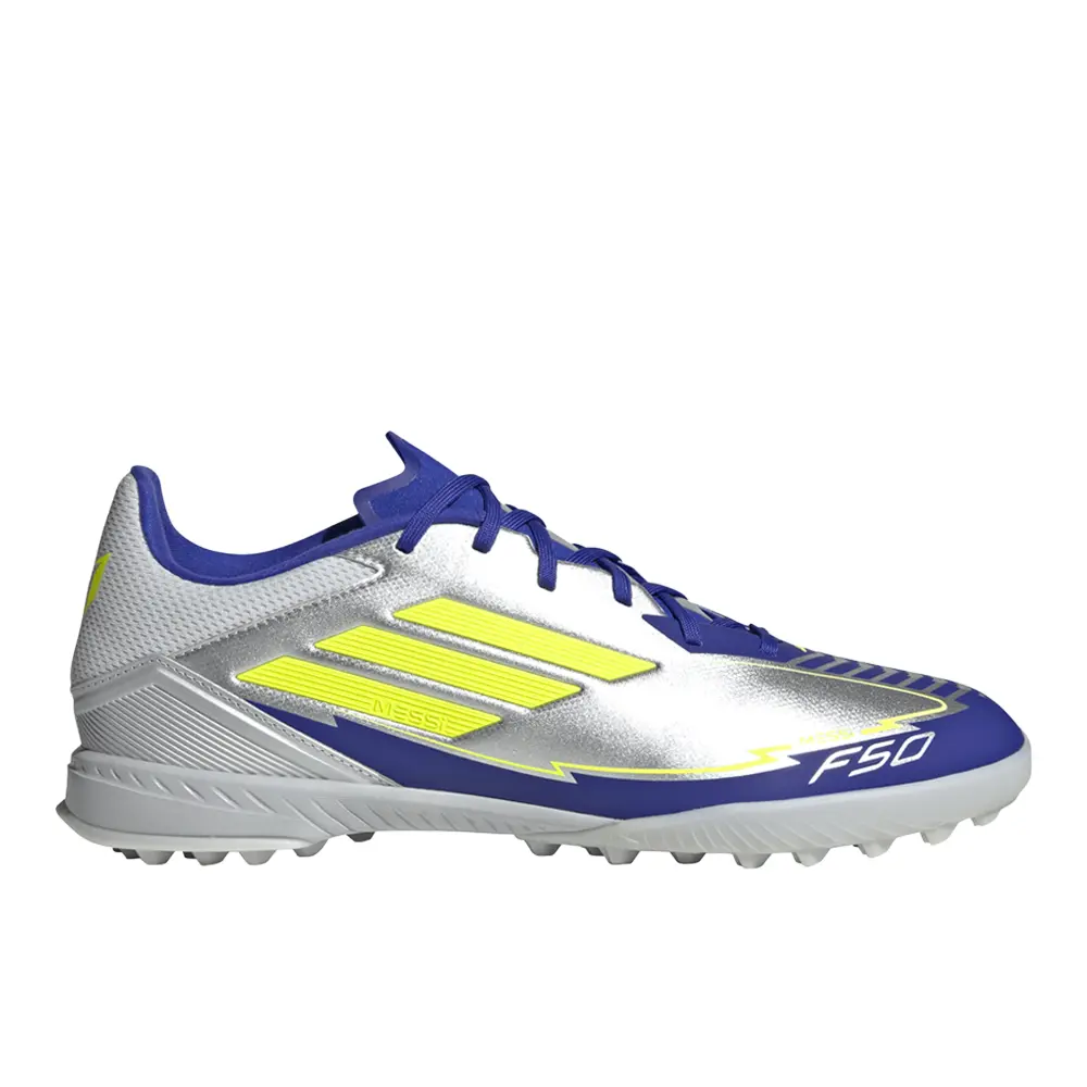 adidas Mens F50 League Messi Turf Soccer Cleats - Silver, Yellow adidas Mens F50 League Messi Turf Soccer Cleats - Silver, Yellow