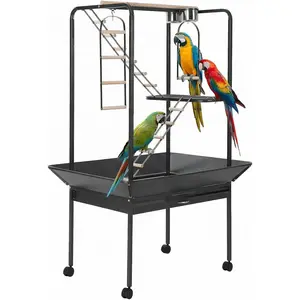 Heavy Duty Large Bird Cage Stand & Play Center – Includes Perches, Rotated Ring, Ladder, Removable Tray, Lockable Casters – Spacious Indoor Outdoor Aviary for Macaws, Parrots, Parakeets – Iron Flight with Rolling Top