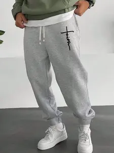Men's Plus Size Sport Pants, Casual Knitted Elastic Waist Drawstring Running Pants, Letter Pattern Print, Outdoor Activities and Jogging