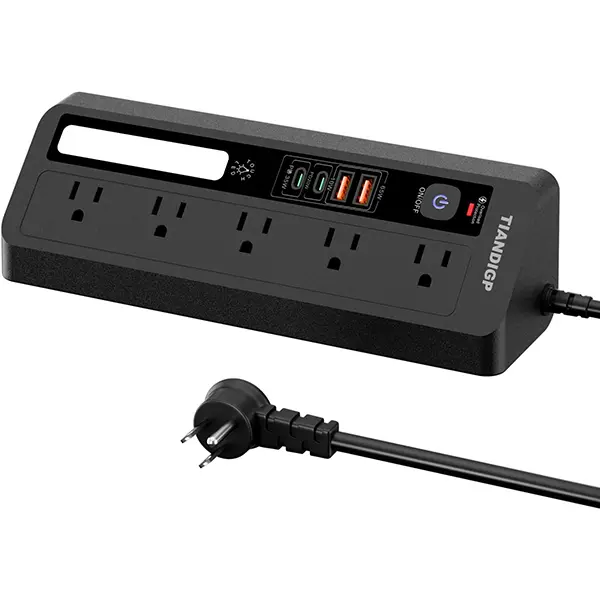 PD35W Black Power Strip Surge Protector - 5 AC Sockets, 2 USB-A + 2 USB-C Ports with PD65W Supercharging, 6ft Extension Cable, Night Light, ETL Listed for Home & Office Electrical Accessories (Protection Plug)