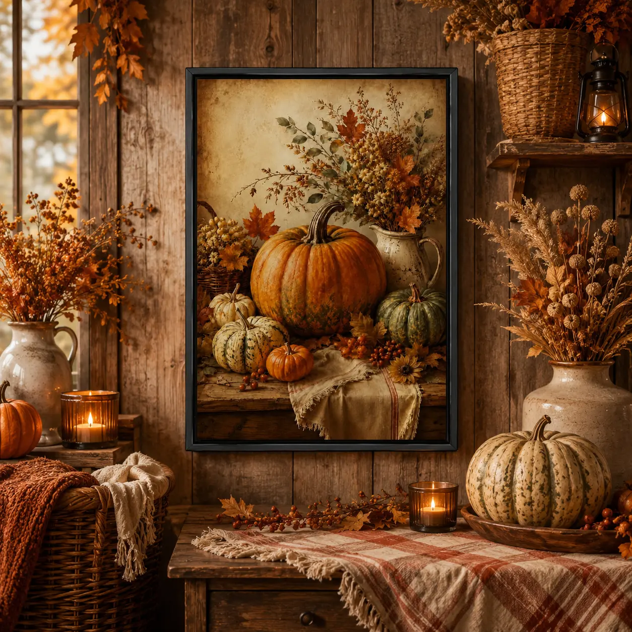 Vintage Rustic Fall Pumpkin Still Life Canvas Wall Art,Autumn Harvest Maple Leaf Dried Flower Farmhouse Aesthetic Art Print Poster,Living Room Kitchen Home Decor,No Frame