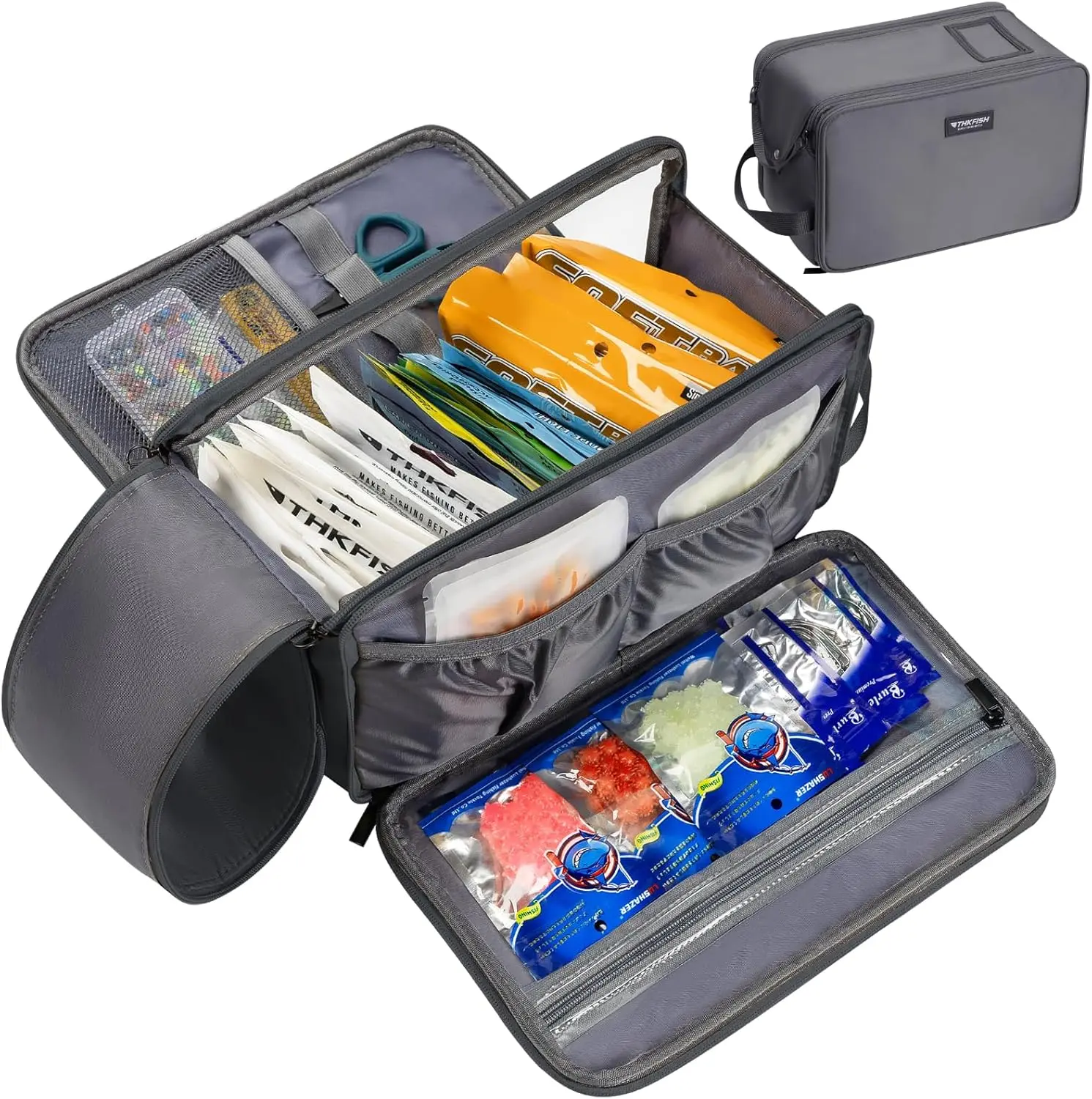 THKFISH 12" Heavy-Duty Waterproof Soft Plastic Bait Organizer, Large-Capacity Storage Bag (25-30 Packs), Foldable Fishing Tackle Bag with Mesh Pockets for Hooks & Sinkers, Clear Sleeves for Easy Access