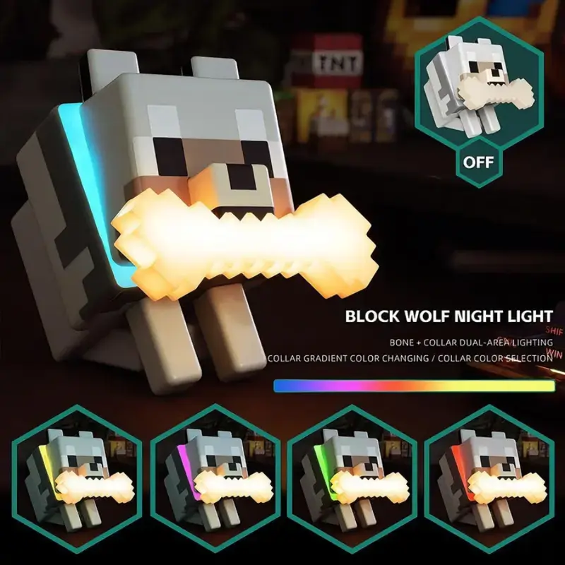 Wolf-Themed Pixel Aesthetic Indoor Gaming Lamp for Boys, Halloween Gift, 5-Color LED Fun Light, Touch Tap Control, Plug-Free Battery Powered, Animal Room Decor, Kids' Birthday Gift