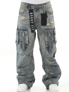 Khaki Baggy Buckled Cargo Pocket Jeans - Comfortable Casual Fit with Functional Pockets & Unique Waistband Buckle Detail