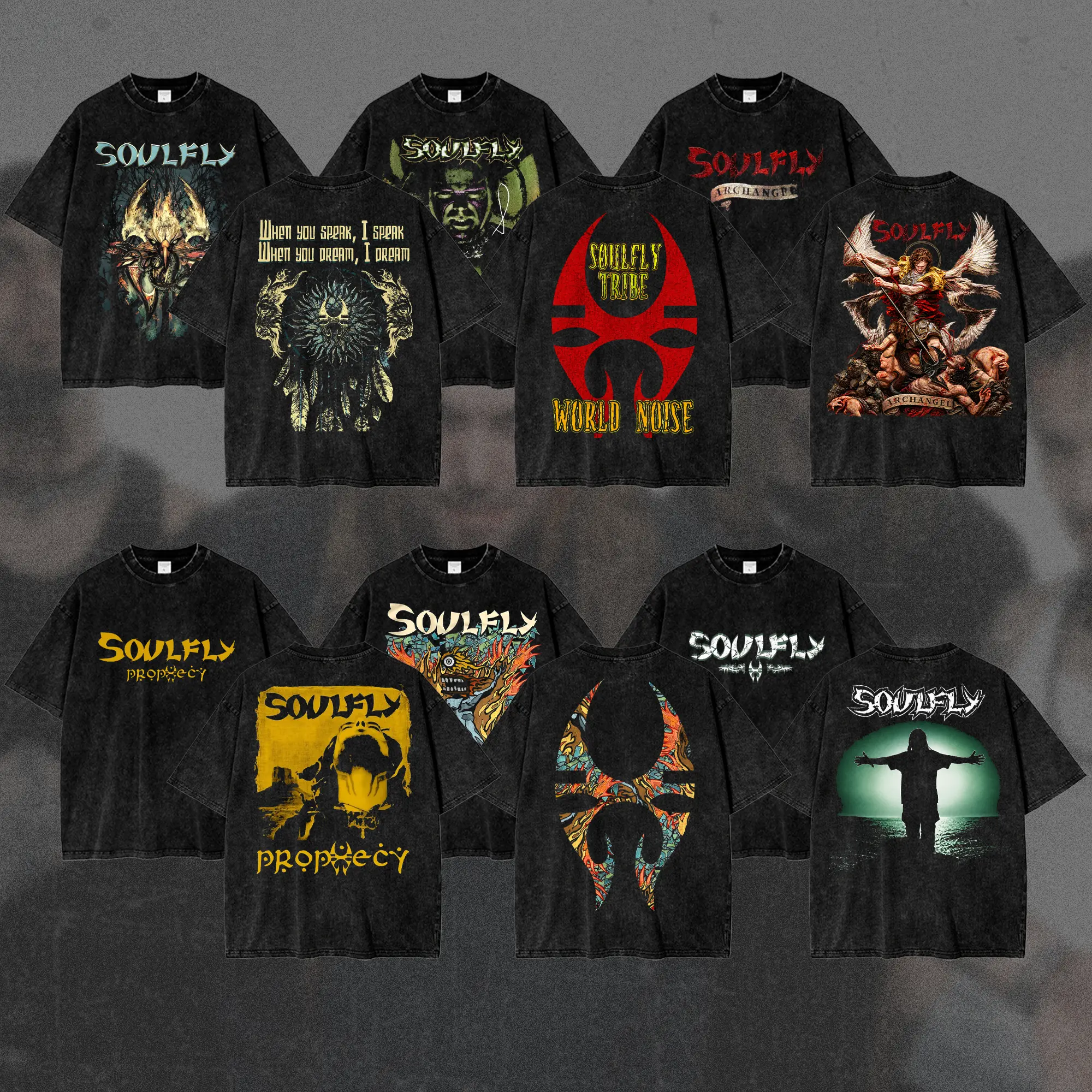 [COLLECTION] Vintage Soulfly Band Washed T-Shirt, Double-Sided 90s Nu-Metal Band Graphic Tee, Tribal Groove Metal Men's Short Sleeve T-Shirt, Distressed Primitive Warrior Brazilian Metal Vintage Merch, Gift for Men & Women