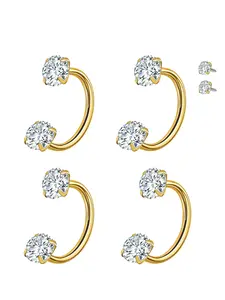 4Pcs Horseshoe Nose Ring for Women 16G Double Gem Horse Shoe Nose Ring Hoop Surgical Steel Silvery Golden Cartilage Helix Tragus Earring Hoops Labret Lip Piercing Jewelry Small Septum Rings