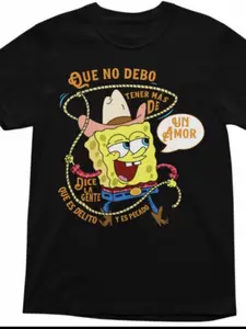 Mexico Spongebob Expression Pack Tee, Denim Print Humorous Quotes, Casual Unisex T-Shirt, Round Neck, Lightweight Cotton, Loose Fit