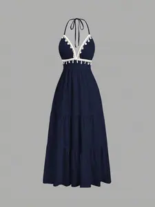 Women's Shell Decoration Tie Waist Halter Neck Midi Dress, Formal Wear, Elegant Mid-Length Dress with Shell Accent, Perfect for Casual & Formal Occasions, Cute