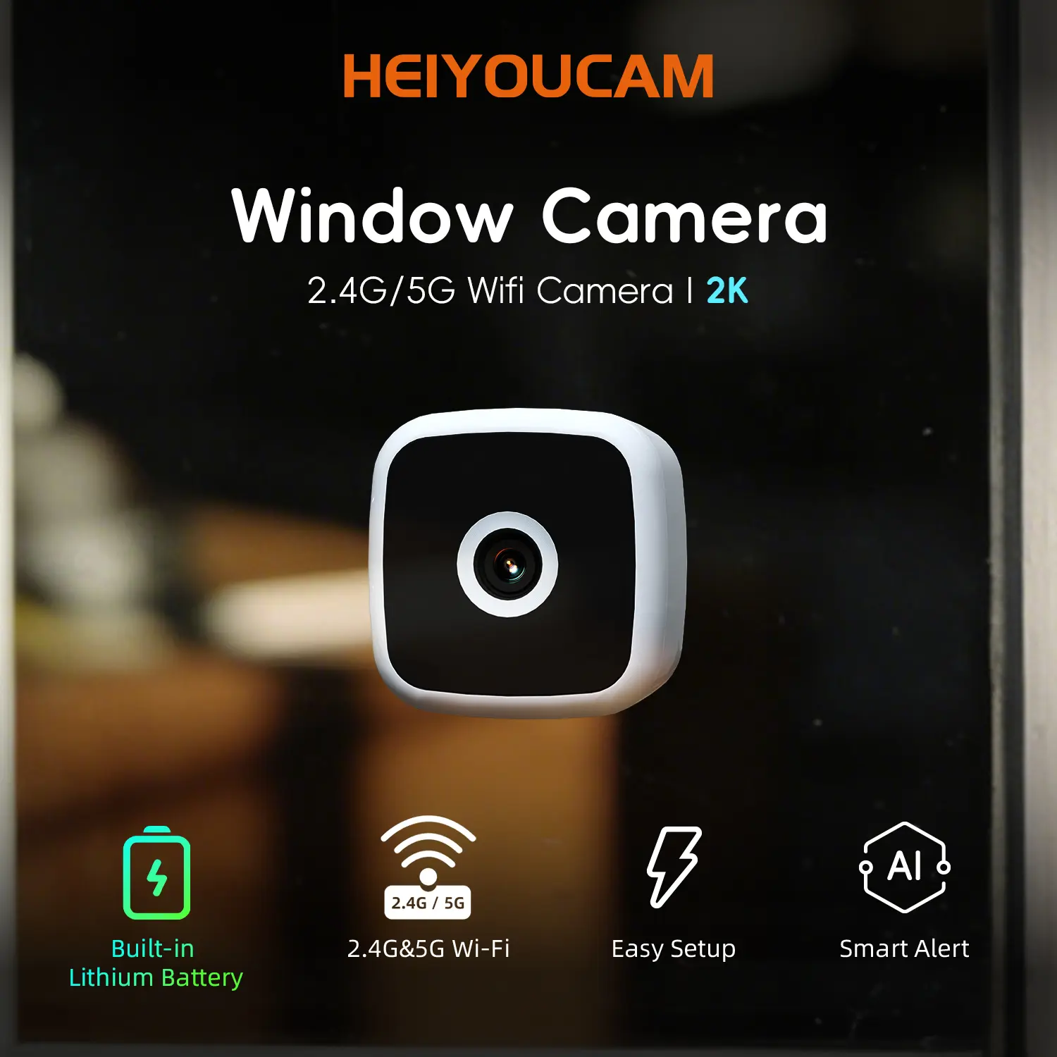 2K Battery Operated Window Camera with Magnetic Attach Design Dual-Band WiFi 2.4/5GHz AI Human Motion Alert Full Color Night Vision Flexible SD Cloud Recording Quick Setup Indoor Security Cam