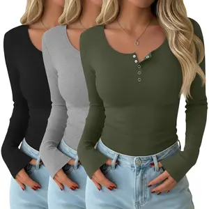 Pack Women's Henley Tops Fall Cotton Blend Long Sleeve Button T Shirts Trendy Slim Fit U Neck Basic Tight Tee