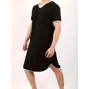 Men's Plus Size Solid Knit Robe, Casual V-Neck Loungewear for Spring and Summer, Soft Polyester Spandex Blend with Comfort Fit