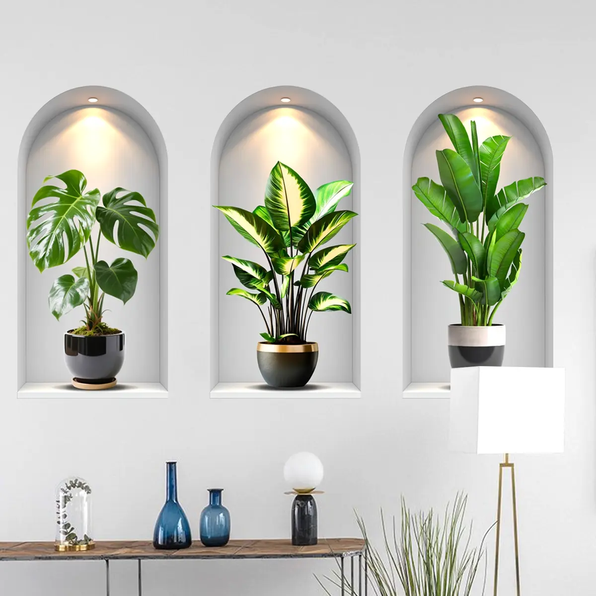 2D flat, a set of three plant pot wall stickers, Wall Decals for home decoration and beautification, Household Decoration Supplies, self-adhesive Decoration Items BM17503-KR