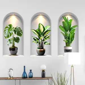 2D flat, a set of three plant pot wall stickers for home decoration and beautification, self-adhesive Decoration Items BM17503-KR