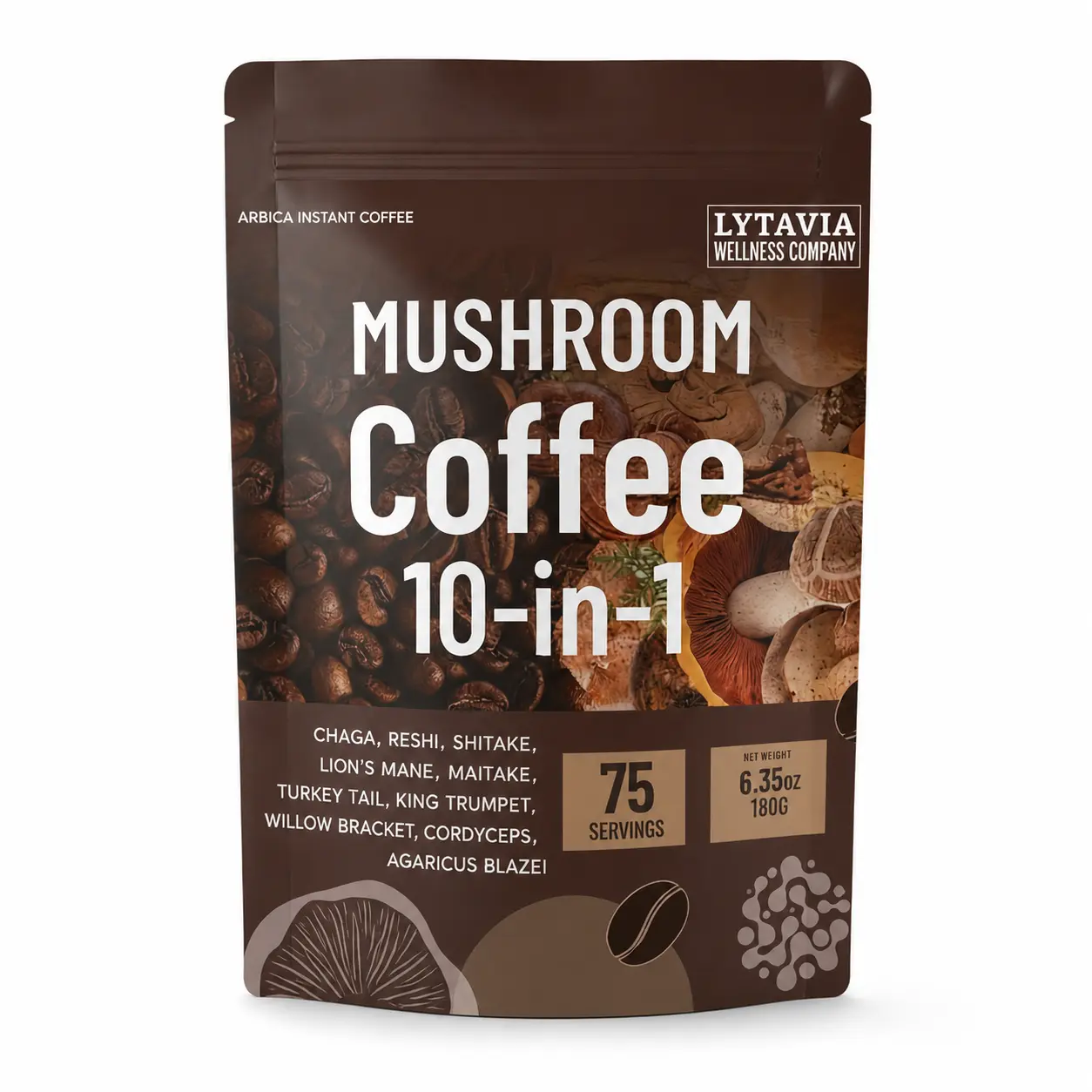 Organic 10-in-1 Mushroom Coffee Blend (6.35oz/180g) with Probiotics & Adaptogens, Free of Gluten, Sugar, Soy, for Focus & Digestion Support, Natural Beverage, Ideal Gift