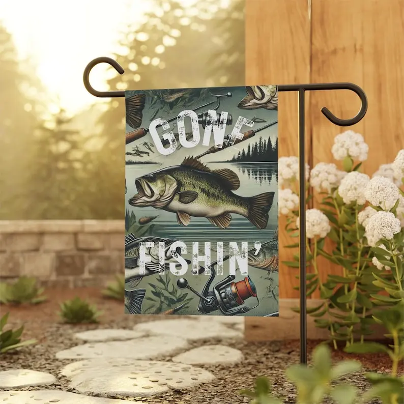 Garden Banner, Fishing Flag Outdoor Decor, House Wall Hanging, Bass Fisherman Gift, Lake Cabin Decoration, Summer Garden Party Flag