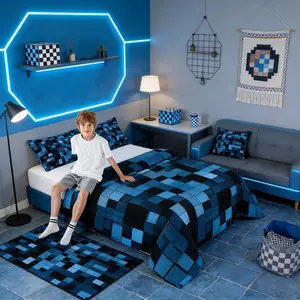 Pixelated Blocks Kids Comforter Set,Patchwork Square Video Games Bedding Set,Boys Girls Room Decor,Geometric Patchwork Grid Quilt Comforter,Blue Duvet Set,Bedroom Quilt Set