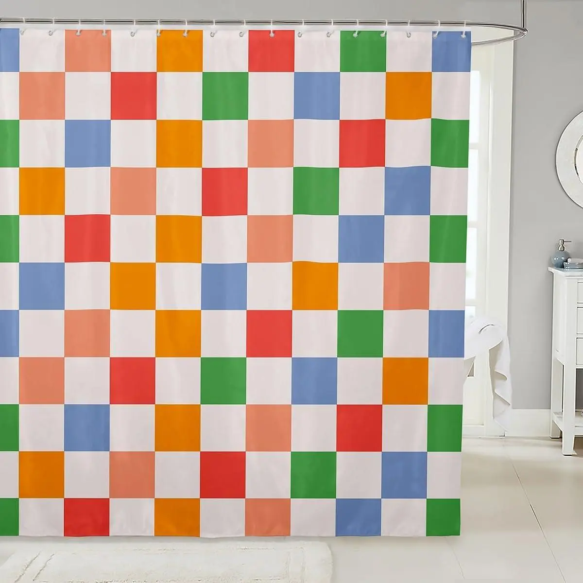Checkered Retro Shower Curtain Women Men Rainbow Colorful Plaid Bathroom Waterproof Accessories with 12 Hooks Geometric Vintage Modern Room Decor