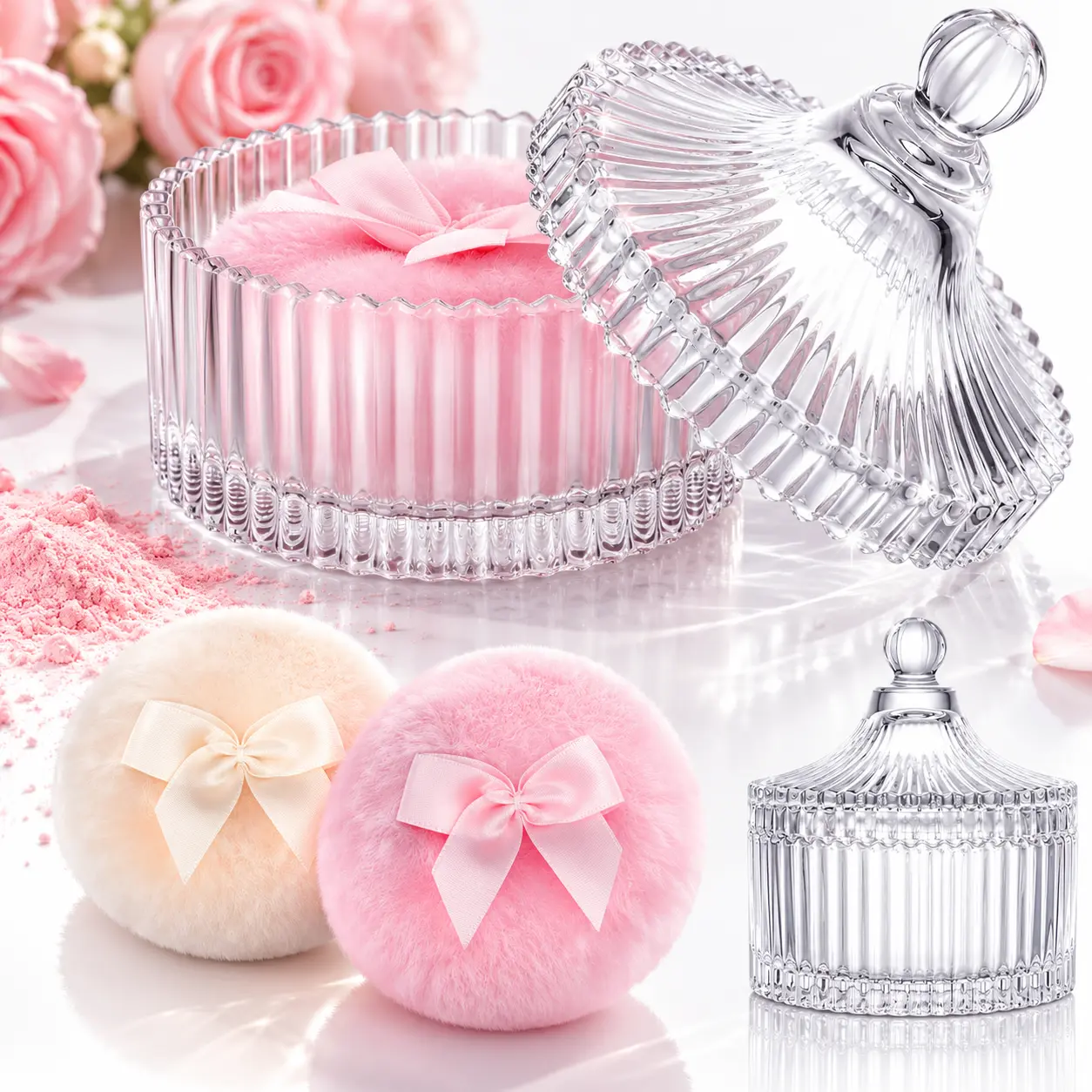 Body Powder Container Set for Women, Includes 2 Pcs 3.54 Inch Powder Puffs & 1 Pcs 5.3×3.9 Inch Loose Powder Jar, Portable Body Loose Powder Case with Soft Large Powder Puff, Cosmetic Storage Container for Body Makeup