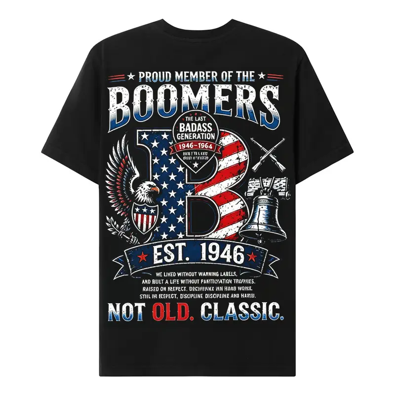 Chaosmoda Men's Cotton Short-Sleeve Round Neck Boomers Proud Member Custom Year Skull Graphic T-Shirt - Breathable Soft Menswear Summer Tops