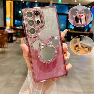 Luxury Diamond-Studded Cute Gemstone-Embellished Makeup Mirror with 360-Degree Rotating Stand and Shock-Resistant Phone Case for Samsung Galaxy S26 S25, S24, S23, S22 Ultra/S25, S24, S23, S24, 22 Plus Gradient Water Ripple Electroplated Shimmering Protect