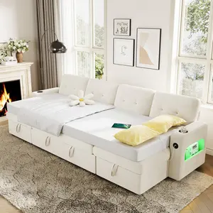Modular Sofa with Storage, 107" Sleeper Sofa Bed Sectional Cloud Couch, u-Shaped Velvet Fabric Couch with USB Charging & Cup Holder for Living Room, Apartment, Office, Dark Grey