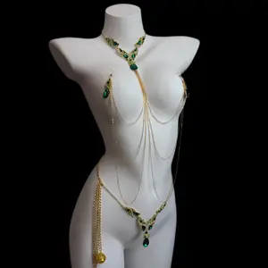 Niche Green Crystal Rhinestone Embellished Body Chain Set Fashion Collar Decor Jewelry