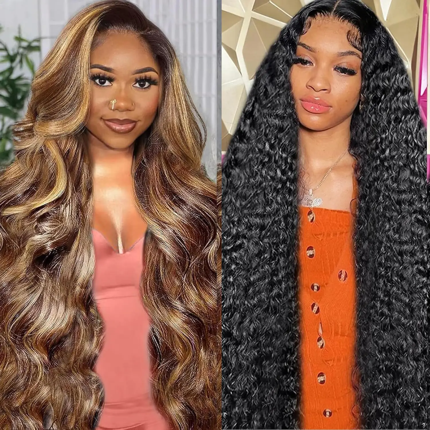 【Combo Sale 22-30 Inch】Buy 1 Get 1 Free | 2 Pack 13x4 HD Transparent Lace Front Human Hair Wigs, Body Wave, Deep Wave & Straight Wig Combo, Pre-Plucked Natural Hairline with Baby Hair, 180% Density Natural Black Wigs for Women