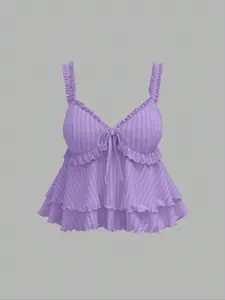 Elegant Women's Summer High-Quality Knit Plain Ruffled Spaghetti Strap Tank Top, Stylish New Fashion Design, Perfect for Casual & Party Wear, Womenswear