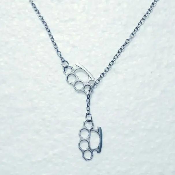 Fashion Vintage  Double Brass Knuckle Dusters Pendant Adjustable Cross Lariat Necklace For Women Men Goth Jewelry
