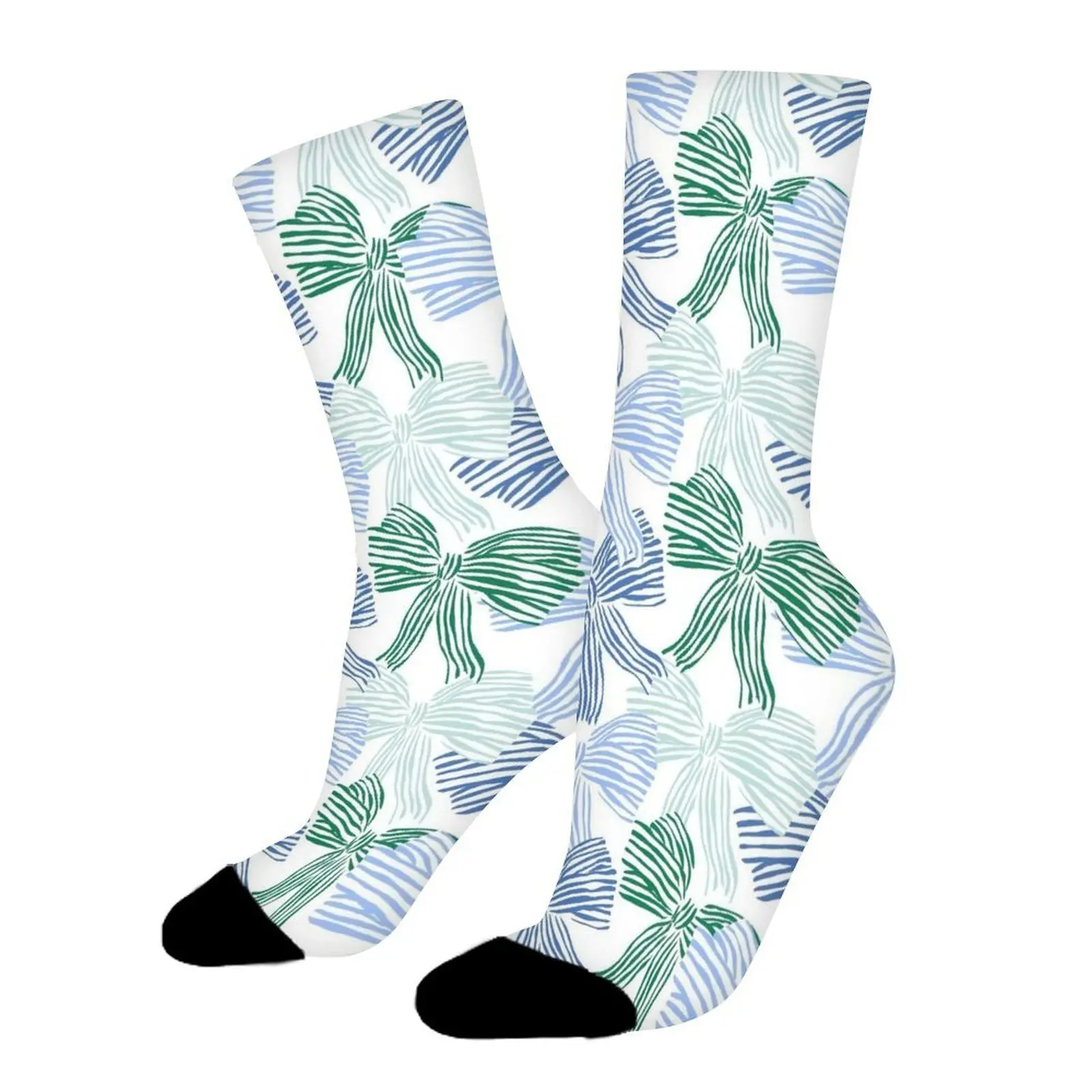 Bowknot Pattern Crew Socks, Unisex Polyester Casual Socks for Men and Women, Durable Daily Wear Footwear, Athletic Style Graphic Socks with Cushioned Sole and Ribbed Elastic Cuff, Breathable Design for Everyday Activities and Sports, White Base