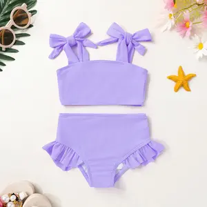 Toddler Baby Girls Swimsuit Two Piece Solid Color Stripe Swimwear Summer Beach Bikini Bathing Suit