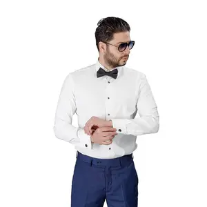 Slim Fit Mens Ivory Tuxedo Shirt French Cuff Spread Collar With Bow Tie Studs Cufflinks Combo By AZARMAN